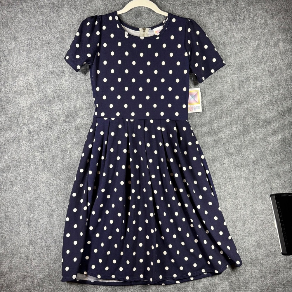LuLaRoe Amelia Navy White Polka Dot Fit & Flare Pockets Dress S Pleated NWT